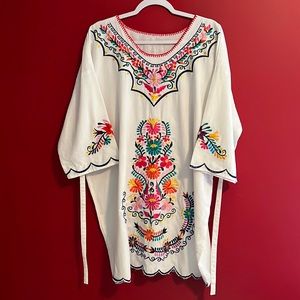 Floral Embroidered White Dress from Mexico XL